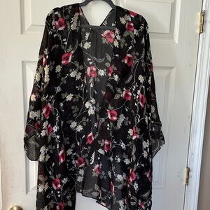 Lane Bryant Black Sheer Floral Cover-Up with Pink & White Blooms